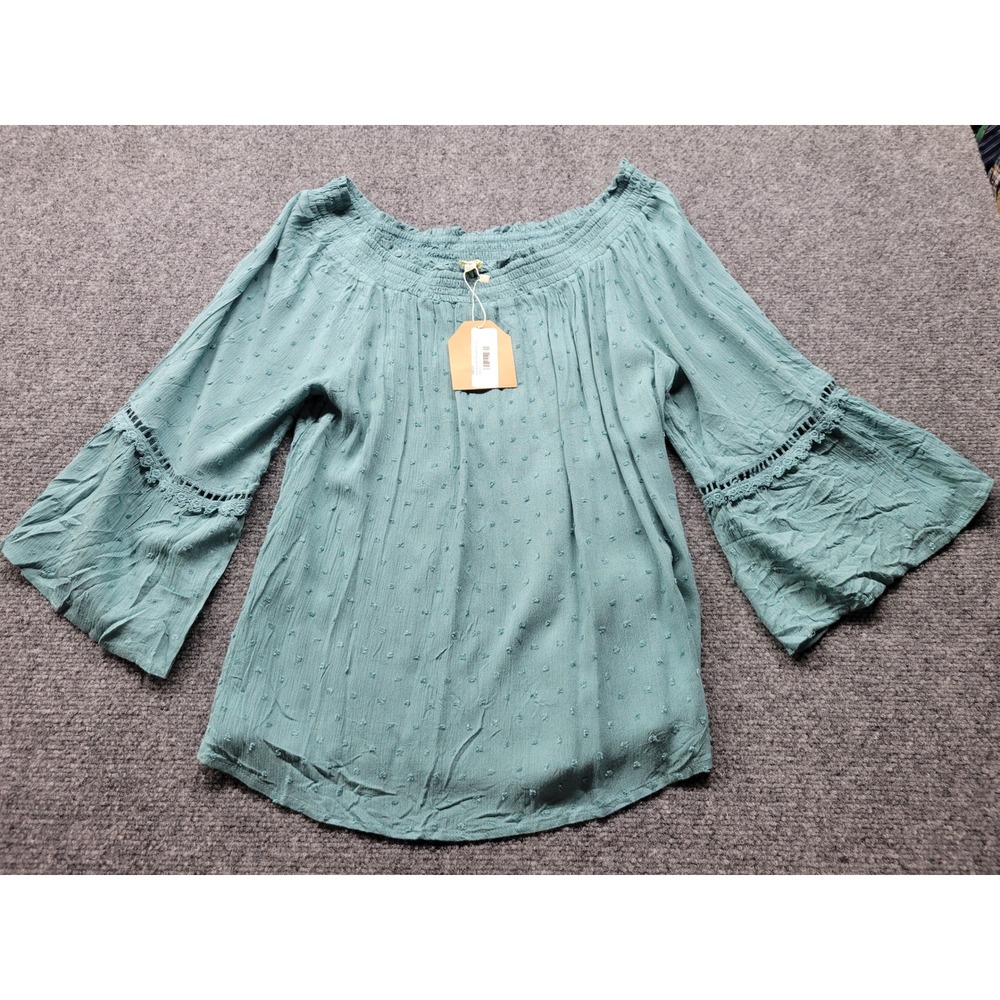 Kori America Teal Swiss Dot Off The Shoulder Lace Trim Top J5748RE Medium